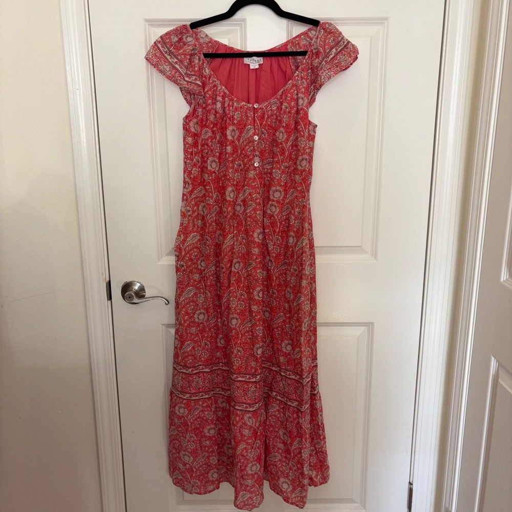 Velvet by Graham & Spencer Floral Cotton Midi Dress Pink Flutter Sleeve XS
